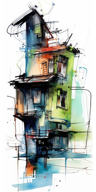 casa construção torre Abstrato arte moderna pintura colagem tela expressão ilustração obra de arte