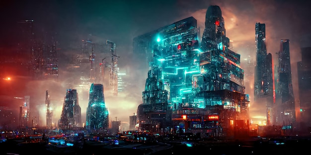 Casa de construcción Ciudad moderna de tecnología de alta tecnología en una ciudad cibernética 3D en una ciudad cibernética