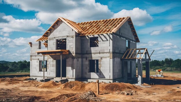 Casa en construcción con estructura de bloques de hormigón aerado autoclavado en el sitio de construcción