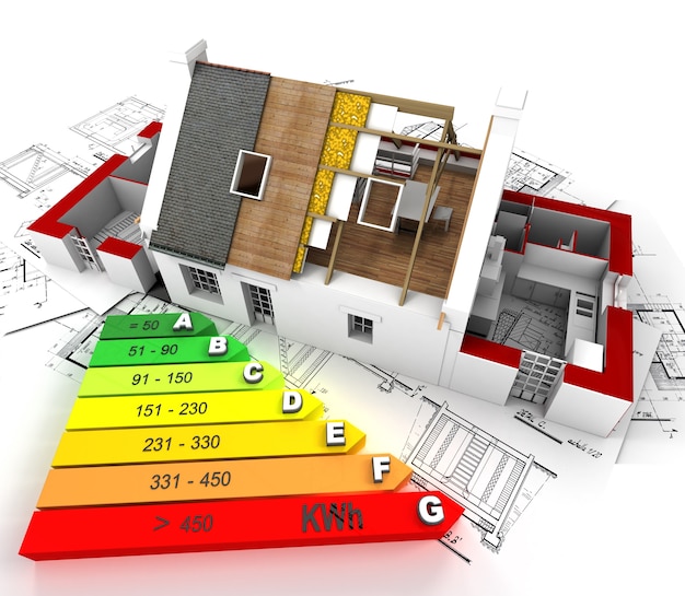 casa en construcción, sobre planos, con eficiencia energética