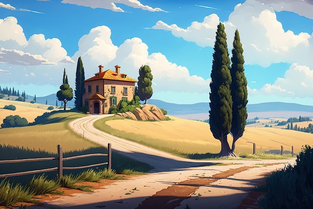 Foto casa contado cerca de la carretera en estilo anime art.