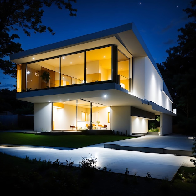 Casa contemporânea com iluminação noturna gerada por IA