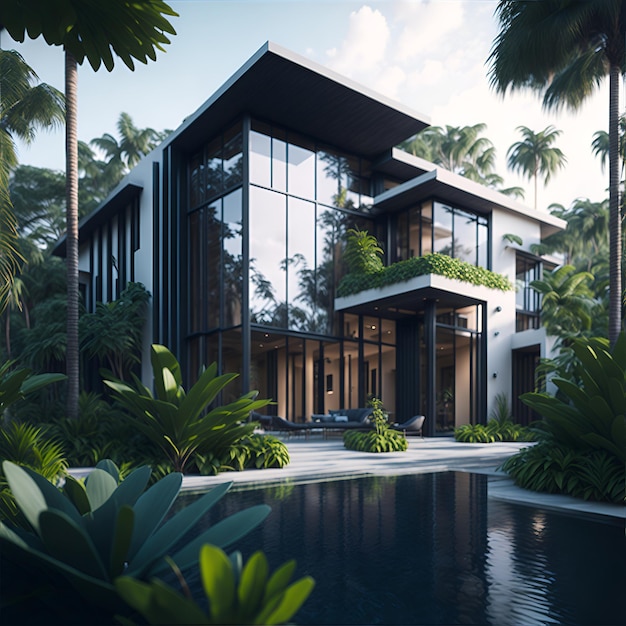 Casa contemporánea con un concepto tropical