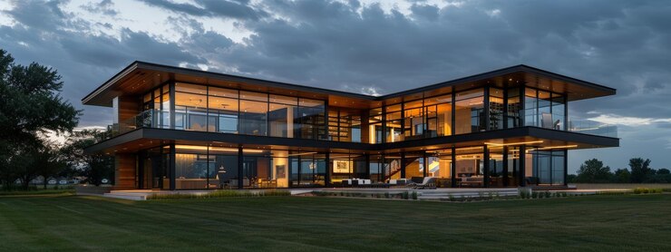 Casa contemporánea de dos pisos con grandes ventanas iluminadas por la luz cálida al anochecer Fotografía arquitectónica exterior