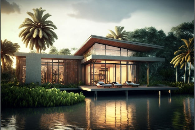Casa contemporánea en entorno tropical junto al agua Generativo