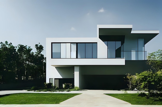 Casa contemporánea con fachada de vidrio.