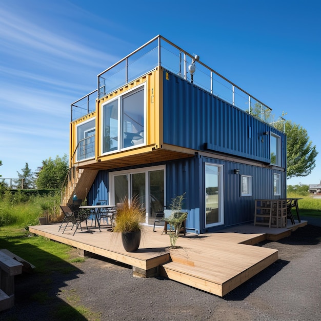Casa de contenedores moderna azul y amarilla con una terraza en la azotea