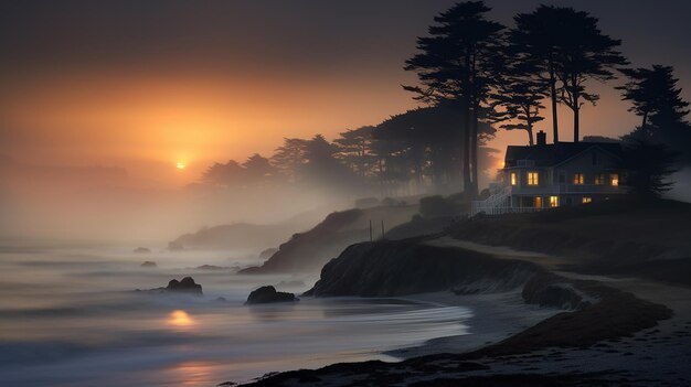 la casa en la costa al atardecer