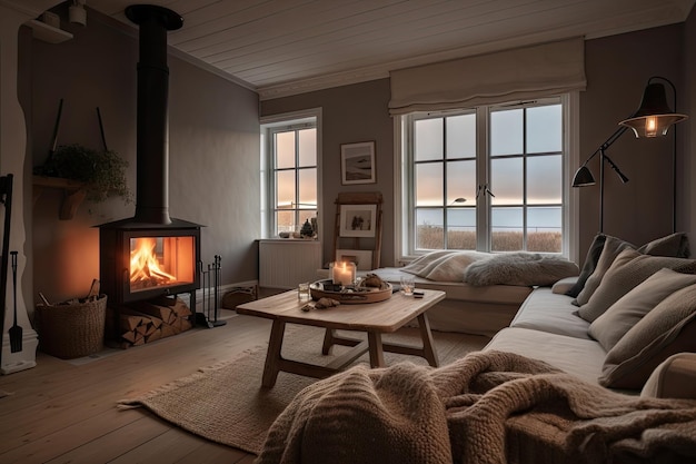 Casa costeira aconchegante com lareira e sofá confortável perfeito para a noite de inverno