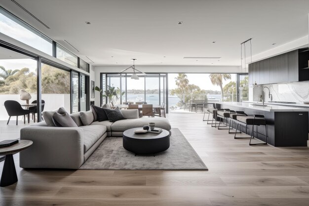 Casa costera moderna con un interior elegante y minimalista con líneas limpias en gris y blanco