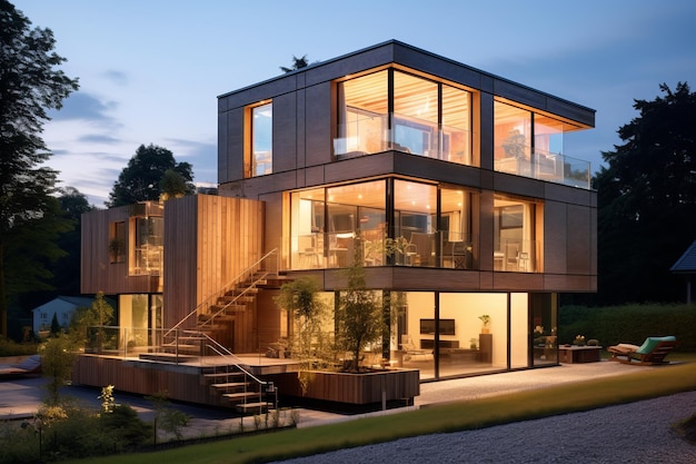 Casa de cristal cúbica con elementos de madera por la noche.