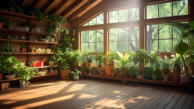 Casa de cristal inglesa llena de plantas de interior