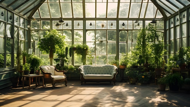 Casa de cristal inglesa llena de plantas de interiorCasa de cristal inglesa llena de plantas de interior