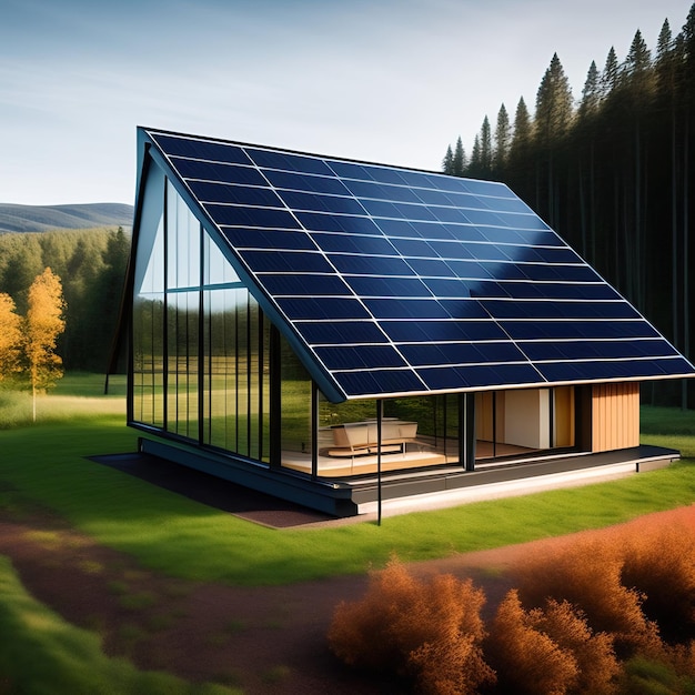 Una casa de cristal con un panel solar en el techo