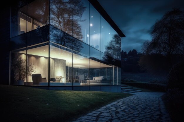 Casa de cristal rodeada de naturaleza edificio transparente