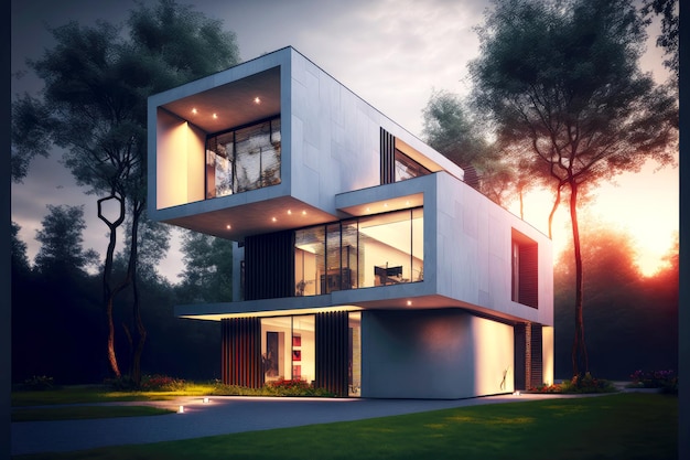 Casa cuadrada de lujo con luz tenue con casa exterior contemporánea