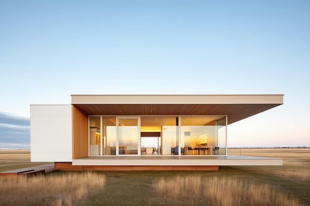 Casa cúbica moderna com vastos alpendres em uma planície de pradaria