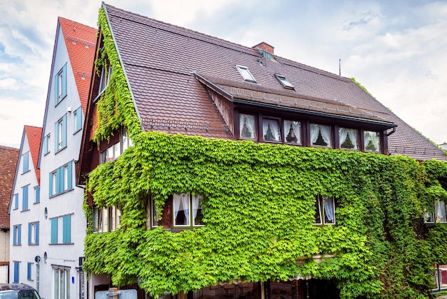 Casa cubierta de hiedra en la ciudad de Ulm Alemania Fachada de edificio cubierta en verano Plantas verdes en estructura residencial u hotel