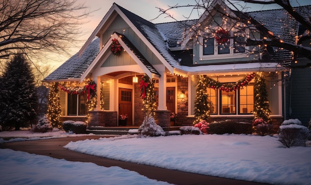 Una casa cubierta de luces navideñas y adornos festivos para la temporada navideña.