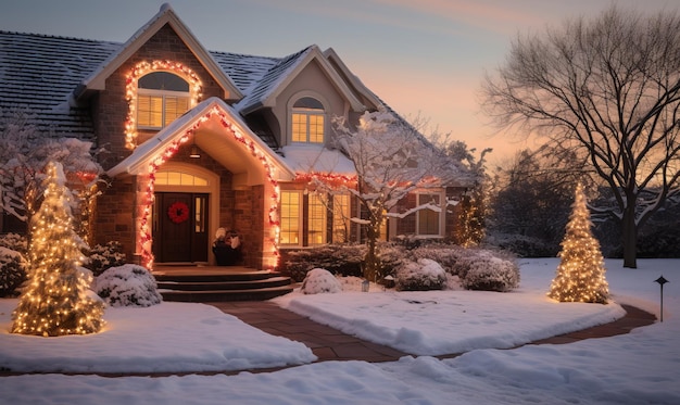 Una casa cubierta de luces navideñas y adornos festivos para la temporada navideña.