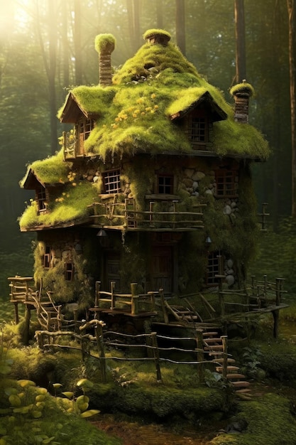 Una casa cubierta de musgo en el bosque