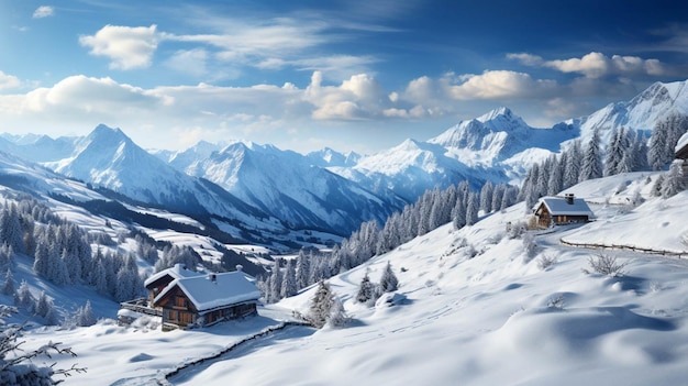 Una casa cubierta de nieve y nubes blancas en el fondo de las montañas.