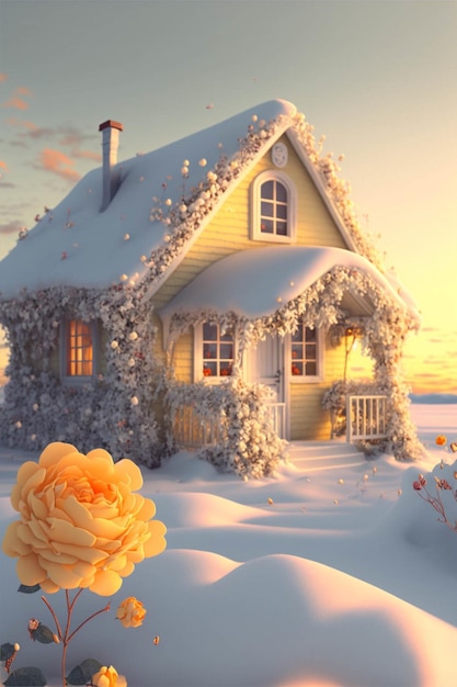 Casa cubierta de nieve con una rosa en primer plano ai generativo