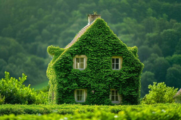 Casa cubierta de plantas verdes contra un fondo verde