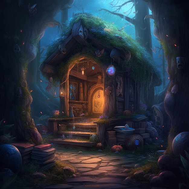 La casa de cuento de hadas de un mago del bosque ubicada en la espesura del bosque