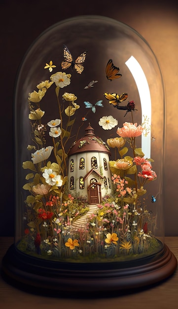 Una casa en una cúpula de cristal con flores y mariposas.