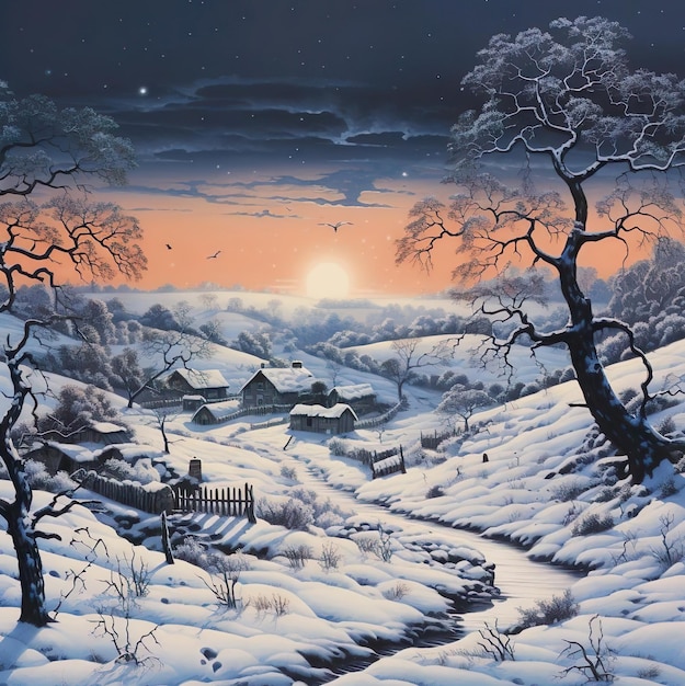 Casa da aldeia com caminho na pintura de ilustração de neve