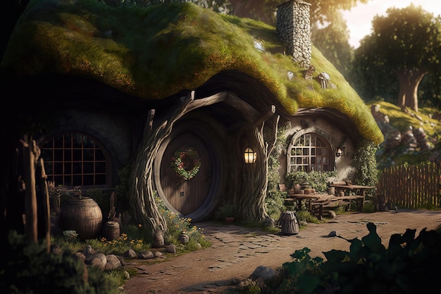 Casa da toca do hobbit Aldeia da Fantasia Casas do condado com portas e janelas redondas A fabulosa paisagem do Senhor dos Anéis ao pôr do sol