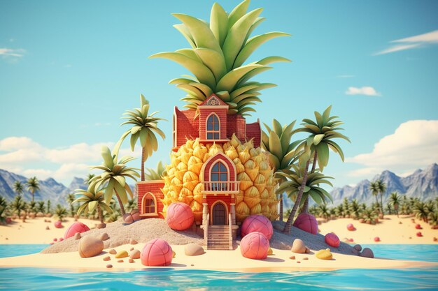 Casa de abacaxi na praia Ilustração 3D vibrações de verão