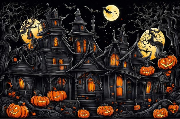 Casa de abóbora de Halloween em frente a uma abóbora gerada Ai