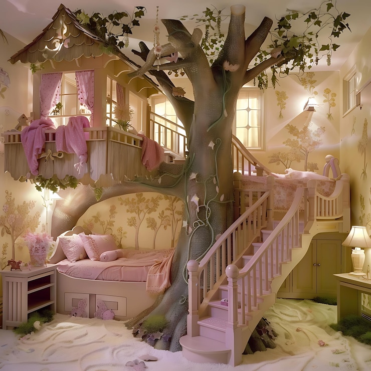 Foto casa de árvore arrafada com escadas e uma cama em um quarto