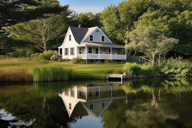 Casa de bacalhau com varanda envolvente com vista para um lago tranquilo