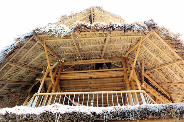 Casa de bambu, madeira natural, árvore de arte de textura de casa ecológica nos trópicos