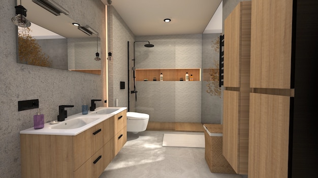 Foto casa de banho com grande duche e lavatório duplo