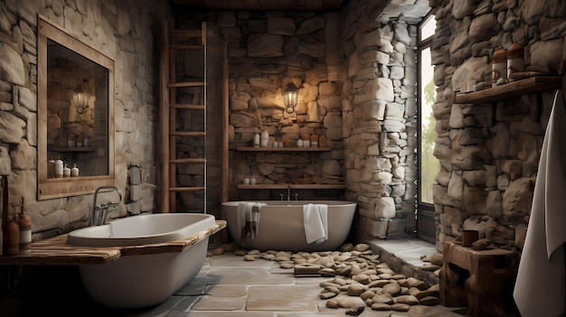 Casa de Banho com Paredes de Pedra Natural