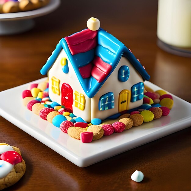 Foto casa de biscoitos doce com doces em uma mesa