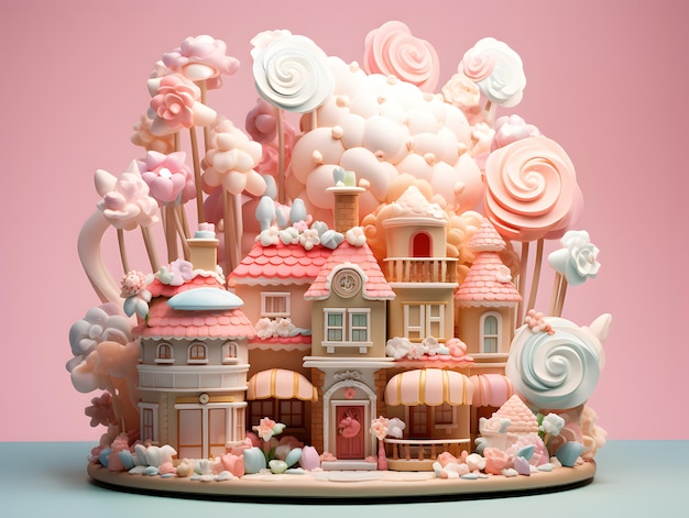 Casa de bolo 3D com doces em fundo rosa Ilustração 3D Conceito de Natal e Ano Novo