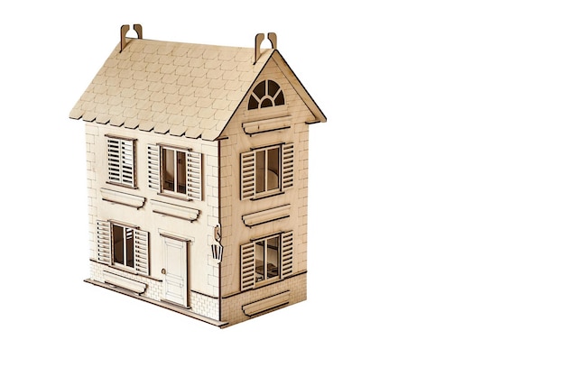 Casa de boneca pequena feita de detalhes de madeira compensada cortada em folha com máquina a laser isolada em branco