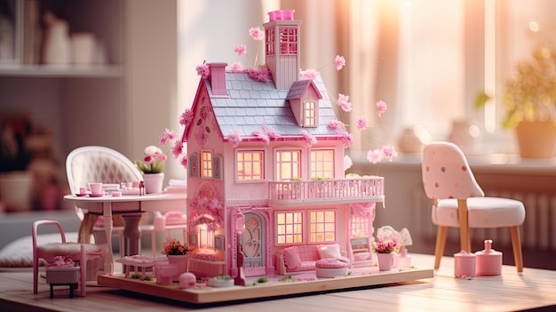 Casa de bonecas Barbie rosa com móveis rosa