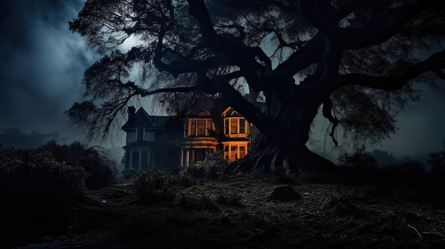 Casa de bruxa Halloween e a grande árvore assustadora