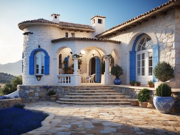 Casa de campo de estilo espanhol feita de pedra com decoração branca e azul6