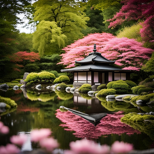 Foto casa de chá japonesa com flores rosa em primeiro plano em uma lagoa