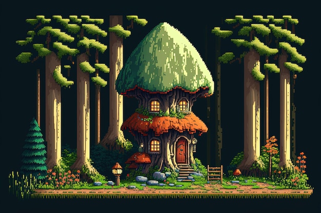 Casa de cogumelos de arte de pixel em mundo de fantasia floresta encantada cogumelos gigantes fundo para AI de 8 bits