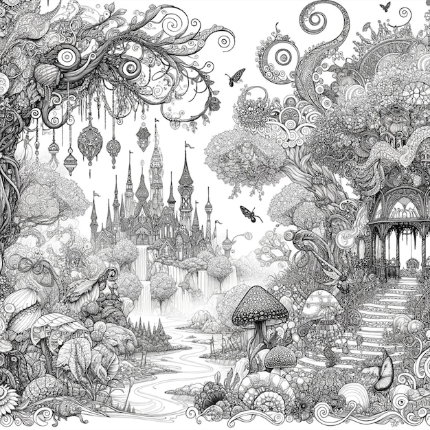 Casa de cogumelos de conto de fadas Coloração Página Ilustração vetorial