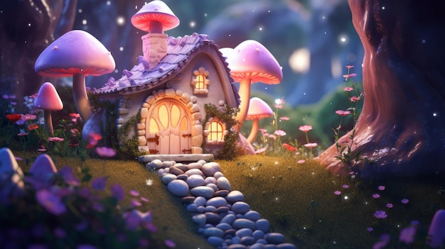Casa de cogumelos na floresta de contos de fadas