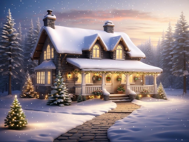 Casa de conto de fadas de Natal decorada com decorações de Natal brilhantes e coloridas